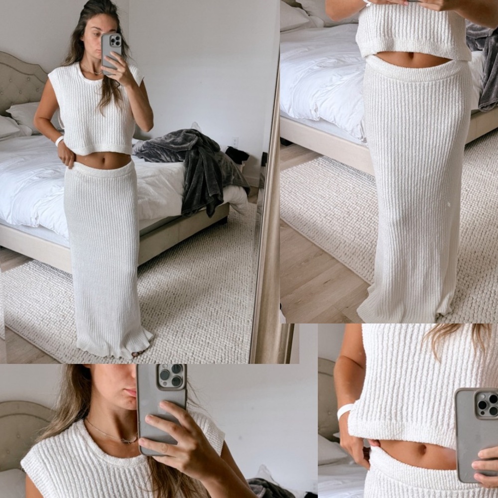 Cream Ribbed Knit Matching Set | 2-Piece Sleeveless Top + Maxi Skirt |